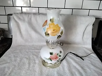 Vintage White Milk Glass Bedside Table Hurricane Lamp Flowers Hand Painted • $9.99