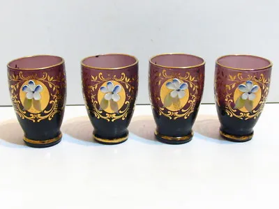 RARE Bohemian Moser Amethyst Purple Art Glass Czech Enameled Shot Glasses • $70