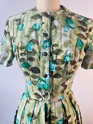 Vtg Johnnye Jr Cabbage Rose Blue Green Print Pleated Circle Skirt Day Dress*xs/s • $42.99