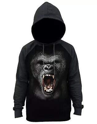 Men's Roaring Gorilla Charcoal Raglan Hoodie Wildlife Safari Monkey Beast Scary • $30.99