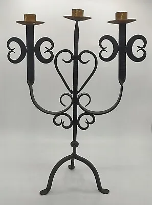 Vtg Brutalist Style Forged Candelabra Candle Holder 3 Arm Gothic  • $56.99