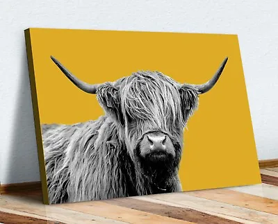 £16.99 • Buy Highland Cow Black And White Yellow Mustard Canvas Wall Art Print Artwork