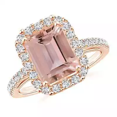 ANGARA Emerald-Cut Morganite Halo Ring For Women Girls In 14K Solid Gold • $2920.72