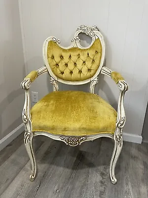 Vintage French Provincial Louis XVI Rococo Off White Gold Tufted Chair Mustard • $575