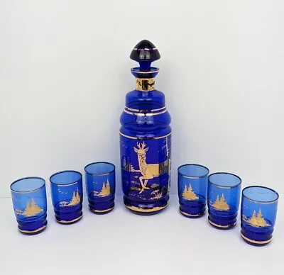 Vintage 1960s Bohemia Glass Cobalt Blue & Gold Decanter Set & 6 Glasses  • $98