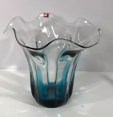 Viking Glass Flamenco Swung Bluenique Blue Vase Red Sticker Attached • $425