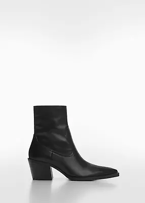 MANGO Leather Pointed Ankle Boots In Black - UK Size 6 - RRP £89.99 • £42.99