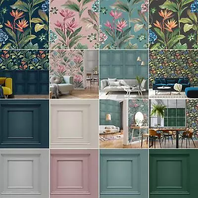 Belgravia Oliana Wallpaper - Floral & Wood Panel - Tropical Flowers Leaves • £2.99