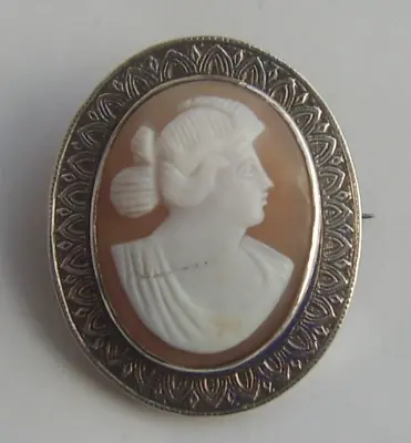 Antique Ornate Silver Framed Goddess Hera Shell Cameo Brooch • £40