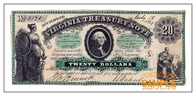 Richmond Virginia Treasury Note (1861) $20 * Quality Art Print * Washington. • $38.95