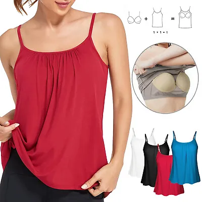 Women With Built In Bra Flowy Shelf Bra Tank Tops Padded Adjustable Strap Vest • £17.79