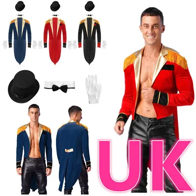 UK Men's Circus Ringmaster Costume Tailcoat Jacket With Hat Cosplay Fancy Dress • £38.79