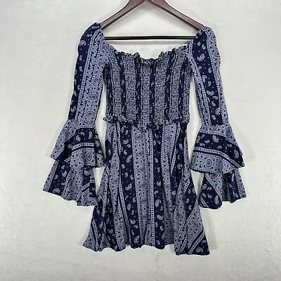 Rock & Roll Cowgirl Dress Womans Small Blue Mini Bandana Long Bell Sleeve • $17