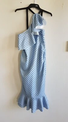$19 • Buy ASOS Preowned One Shoulder Ruffle Dress / Pastel Blue/Black Polka Dot Size AU8