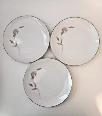 3 PRIMROSE 8194 By MIKASA Fine China Bread Plates Pink Rose Platinum Trim • $8.99