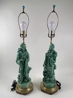 Pair 1950s Asian Figurine Lamps Green Emperor Empress Ceramic Oriental Chinese • $500