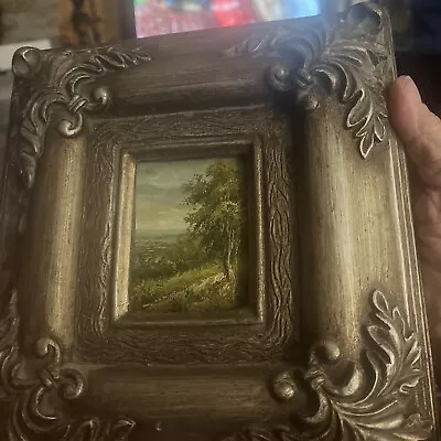 Vtg Mid Century Hand Painted Farm Sky Woods Elaborate Silver Frame 8 X 9 Kitch • $78