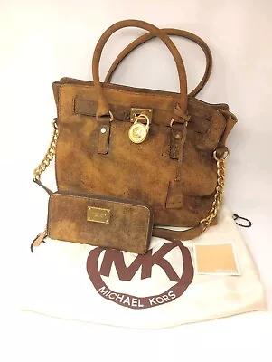 Michael Kors Hamilton Satchel + Wallet Distressed Brown Suede Leather • $150