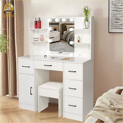 Vanity Makeup Dressing Table Desk With Lighted Mirror &Stool 6 Shelves 6 Drawers • $184.80