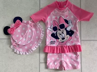 Girls Disney Baby Minnie Mouse 3 Piece UV Sun Suit Age 18-24 Months Immaculate • £3.99