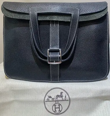 $4000 • Buy HERMES Halzan 31 S Handbag Black Taurillon Clemence Missing Strap Genuine CHEAP!