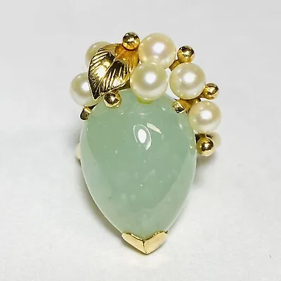 Ming's Honolulu 14K Yellow Gold Water Jade Leaf Akoya Pearl Size 5.25 Ring 6.9g • $980