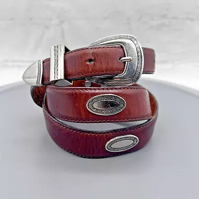 Genuine Leather Belt Mens 38 Silvertone Buckle  Medallions Golf Western Casual • $19.99