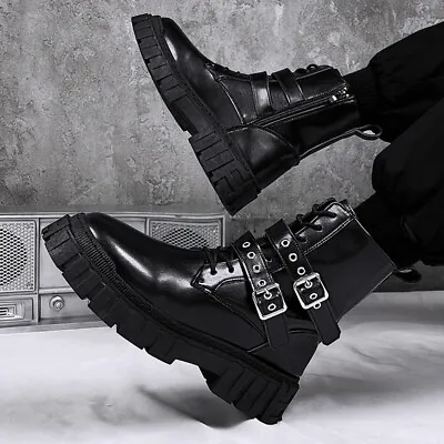 Men's Punk Buckle Boots Fashion High Top Lace-Up Faux Leather Casual Boots • $47.95
