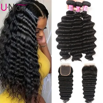Mongolian Loose Deep Wave 3 Bundles With Lace Closure Human Hair Extension Weave • $226.89