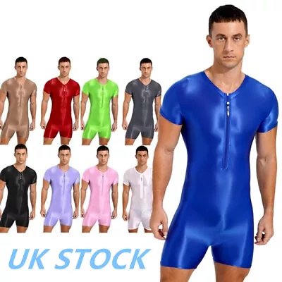 UK Mens Glossy Bodysuit Short Sleeve Stretchy Jumpsuit Zipper Leotard Swimsuit • £9.88