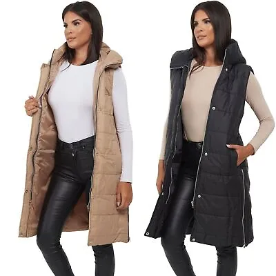 Womens Hooded Quilted Zip Up Gilet Waistcoat Padded Winter Vest Long Bodywarmer • £39.99