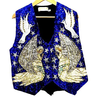 Vintage Christmas Party Holiday Angels Doves Sequin Vest Large Church Savvy • $41.99