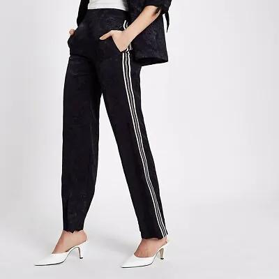 River Island Trousers Navy Baroque Jacquard Stripe Side Pants Women's NWT RRP£42 • £14.99