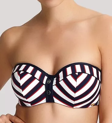 PANACHE Navy Stripe Lucille Padded Bandeau Bikini Swim Top US 32F UK 32E NWOT • £17.77