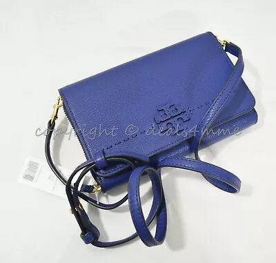 NWT Tory Burch McGraw Flat Leather Wallet Cross-Body In Bright Indigo $298 • $259