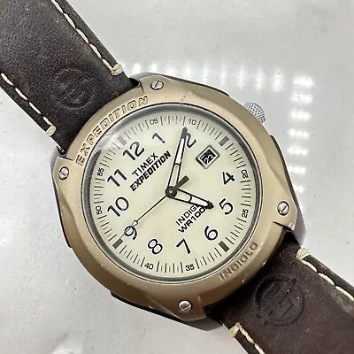 Timex Expedition Watch Men Copper Tone Date 100M Indiglo Leather - New Battery • $28.99