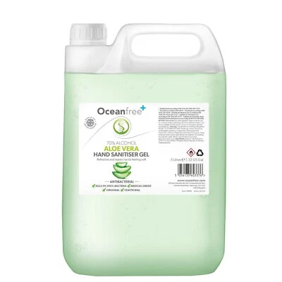 Hand Sanitiser Gel Sanitizer 70% Alcohol - 5L Litre - Aloe Vera - Ocean Free • £16.50