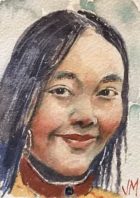 Aceo Original Watercolor  Painting Portrait  Fine Art “Mongolian Girl” • $50