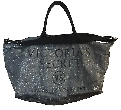 Victoria’s Secret Weekender Tote Bag Black & Silver Glitter Metallic Travel Bag • $24.99