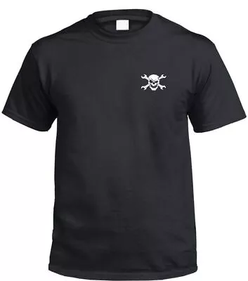 Skull & Crossed Spanners Left Chest Logo Mechanic T-Shirt (Black & White) • $17