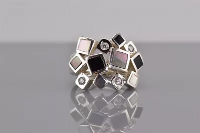 Sterling Silver Geometric Abalone Mother Of Pearl Cz Cluster Band Ring 925 Sz: 6 • $37.50