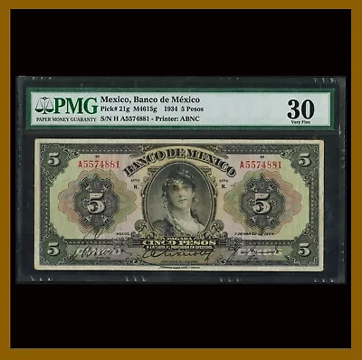 Mexico 5 Pesos 1934 P-21g (M4615g) Large Size Banknote PMG 30 • $350.81