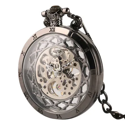 Transparent Black Skeleton Mechanical Pocket Watch With Fob Chain For Women Men • £20.38