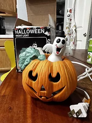 Hand Painted Porcelain Lighted Pumpkin And Ghost. Vintage Halloween 1992 • $19.95