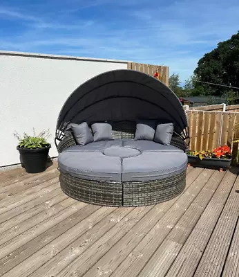 Rattan Outdoor Garden Grey Day Bed Round Lounge Sofa Canopy Patio Furniture • £458.83