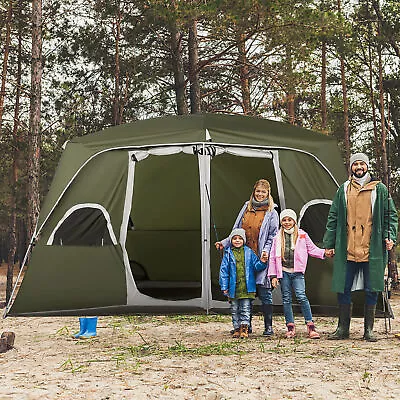 Family Camping Tent 4-8 Person 2 Room Festival Easy Up 2.1m Tall Green Outsunny • £153.95