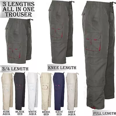 Mens 3 In 1 Elasticated Waist Trousers Zip Off Pants Shorts Cargo Bottoms • £12.99