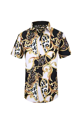 Mens PREMIERE Casual Short Sleeve Button Down Dress Shirt Black Gold PAISLEY 664 • $35.95