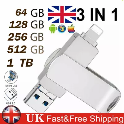 3 In1 USB 3.0 1TB USB Flash Drive External Storage Memory Stick For IPhone IPad • £11.99