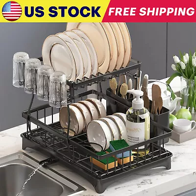 2-Tier Drying Dish Rack And Drain Board Set Utensil Holder Metal Kitchen Counter • $25.99